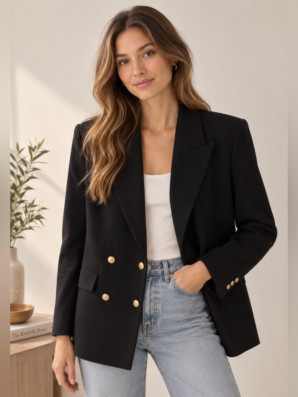 Vintage Talbots Black Wool Cashmere Blazer Gold Button Double Breasted Jacket